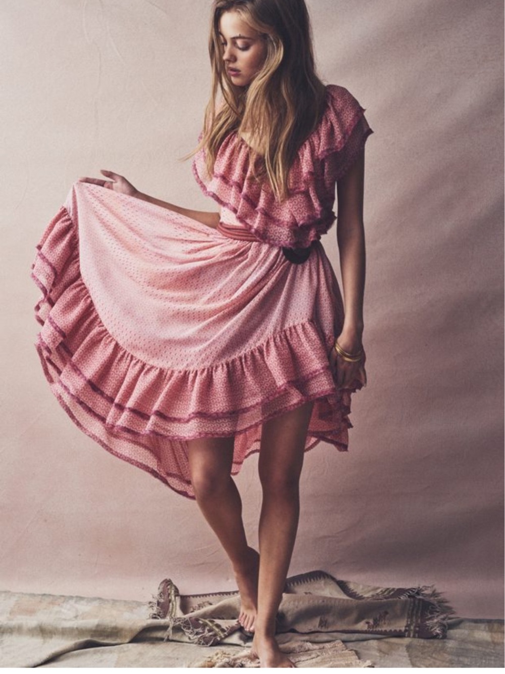 LoveShackFancy Pink Tiered Ruffle Midi Dress